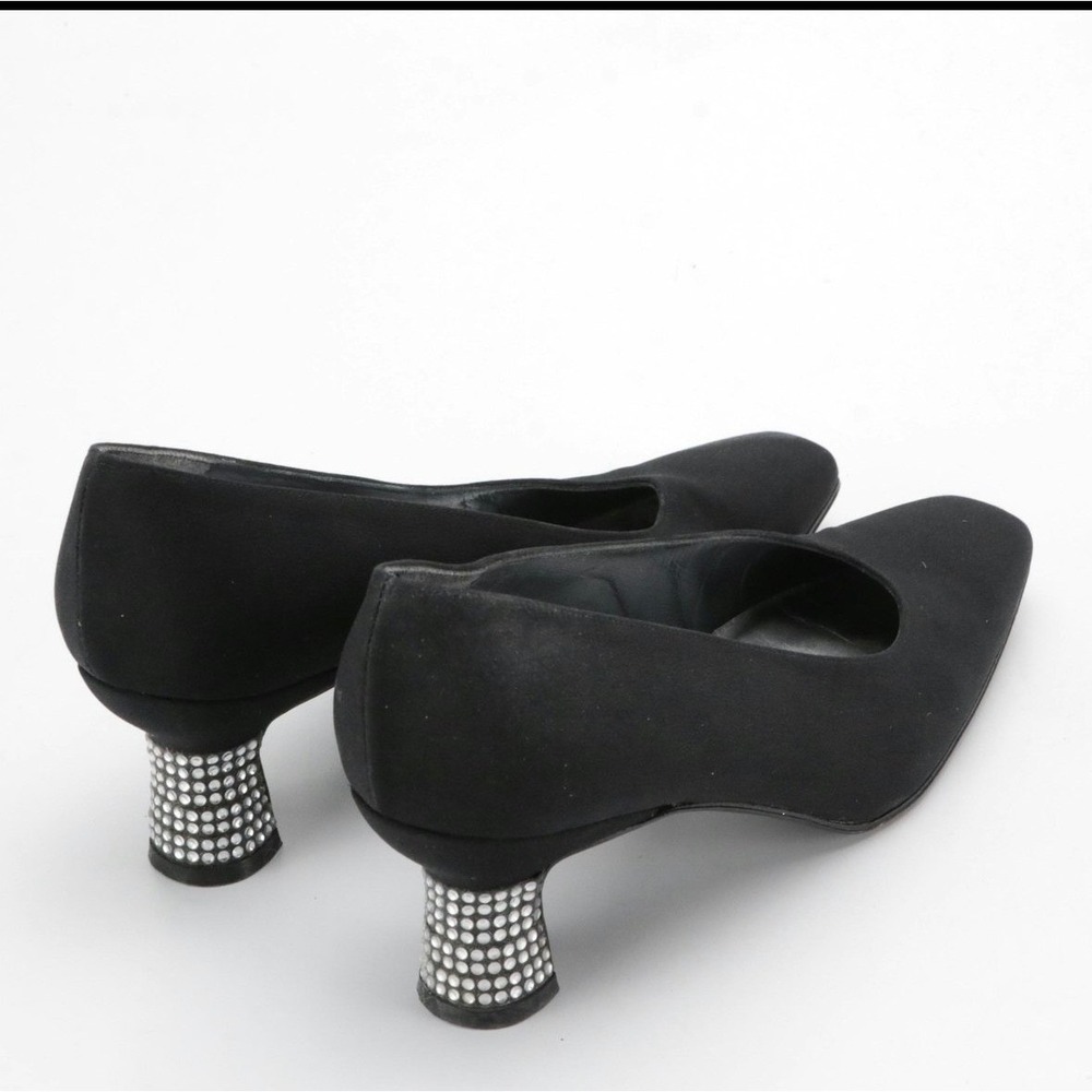 Stuart Weitzman‎ Black Silk Passion Square Toe Pumps Rhinestone Heel Sz 5.5M EUC